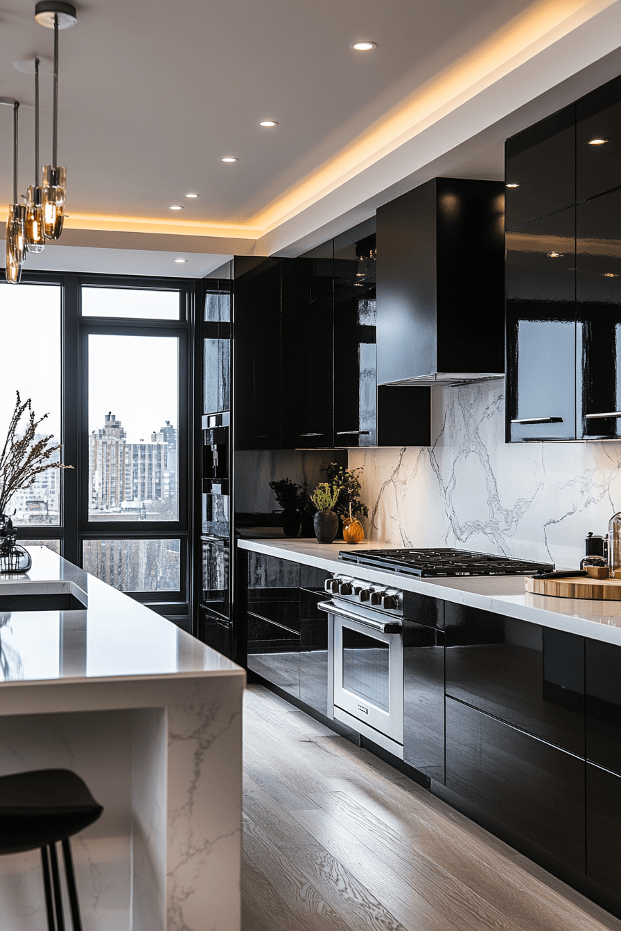 black cabinets white countertops