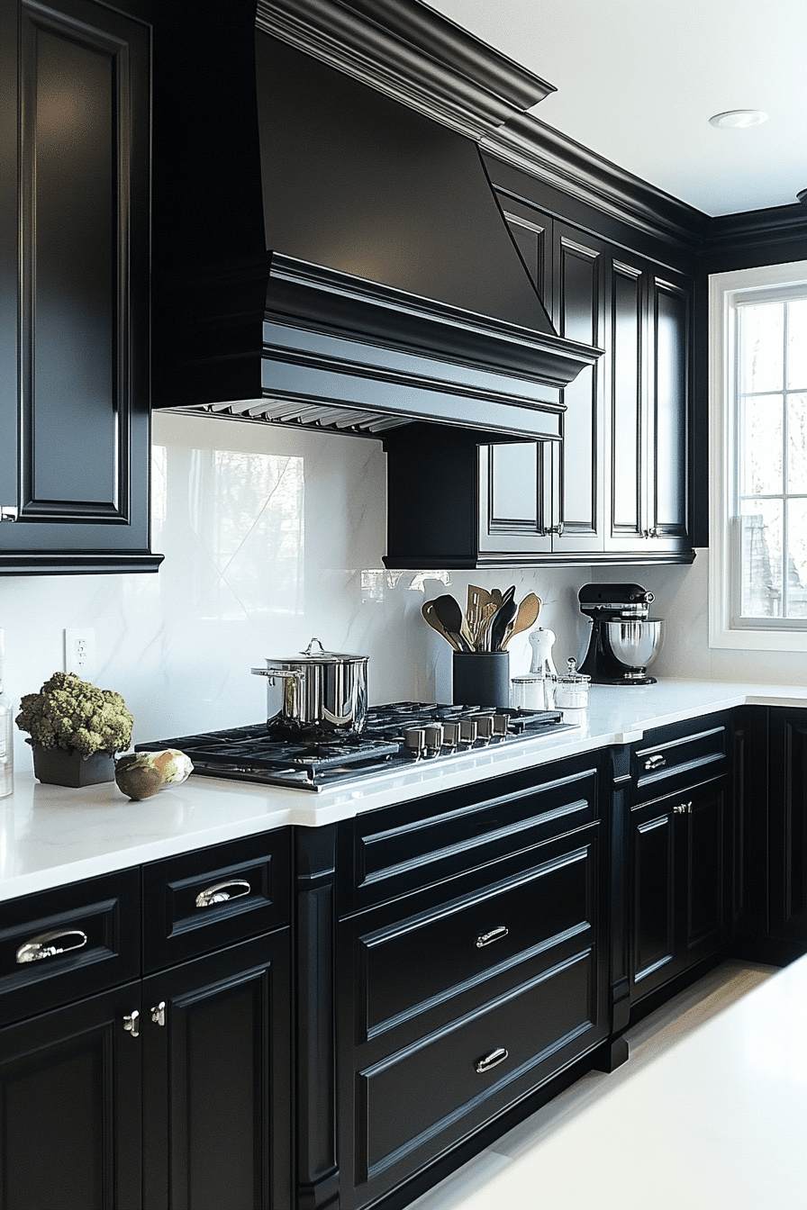 black cabinets white countertops