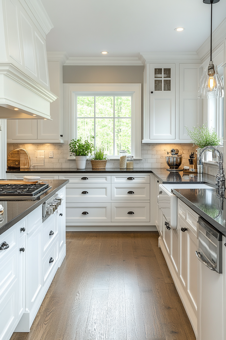 white cabinets black countertops