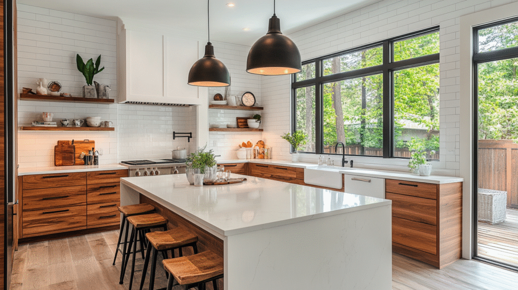 white and wood kitchen cabinets