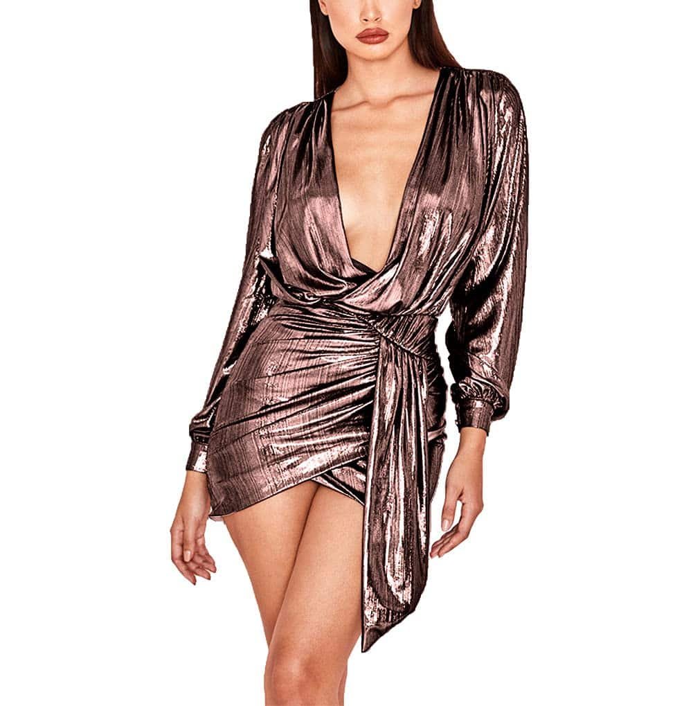 Ophestin Womens Sexy Deep V Neck Metallic Glitter Ruched Long Sleeve Party Dress Medium Rose Gold
