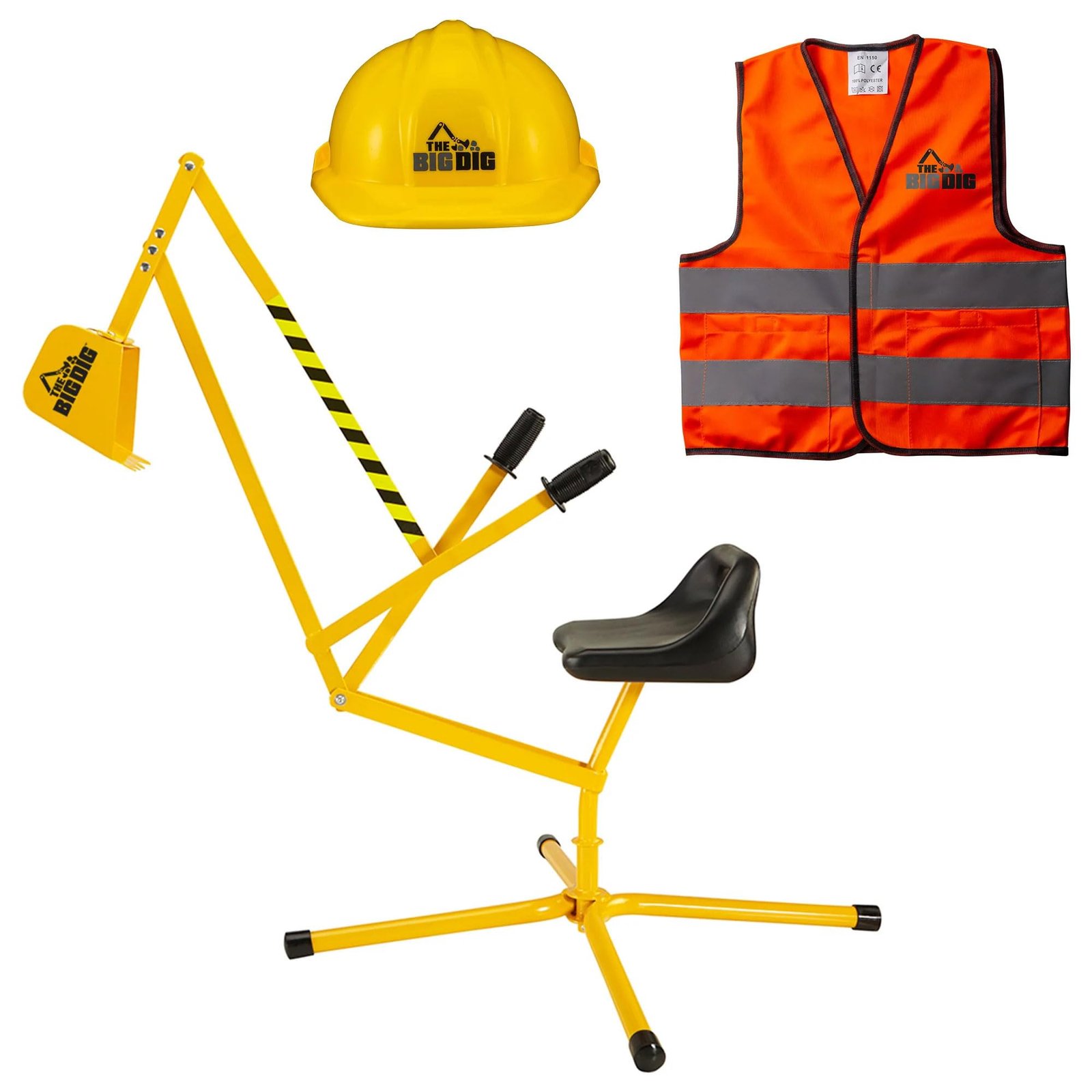 The Big Dig Sandbox Digger Construction Excavator Ride On Toy Crane with Safety Vest and Helmet Set and 360 Degree Rotating Boom for Kids, Multicolor Yellow (Bundle)