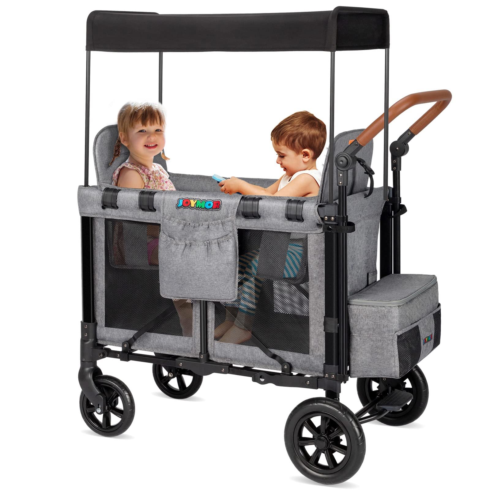 JOYMOR Face to Face 2 High Seats Folding Stroller Wagon for 2 Kids with Protection 5-Point Harnesses Button Buckle, Removable UV-Protection Canopy, Storage Pockets, Zipper Door Gray Basic