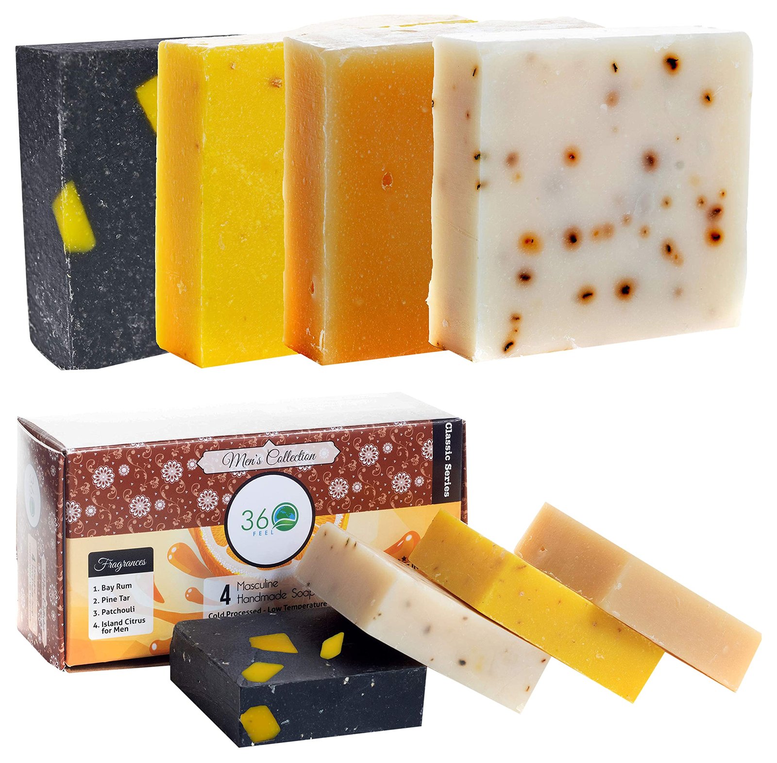 360Feel Men's Soap bar Handmade -Masculine fragrance-, Patchouli, Pine Tar with Charcoal Beeswax,Citrus - Gift pack- Natural Men Soap- Gift for him Bay Rum, 4 Count (Pack of 1) Mens Soap Collection