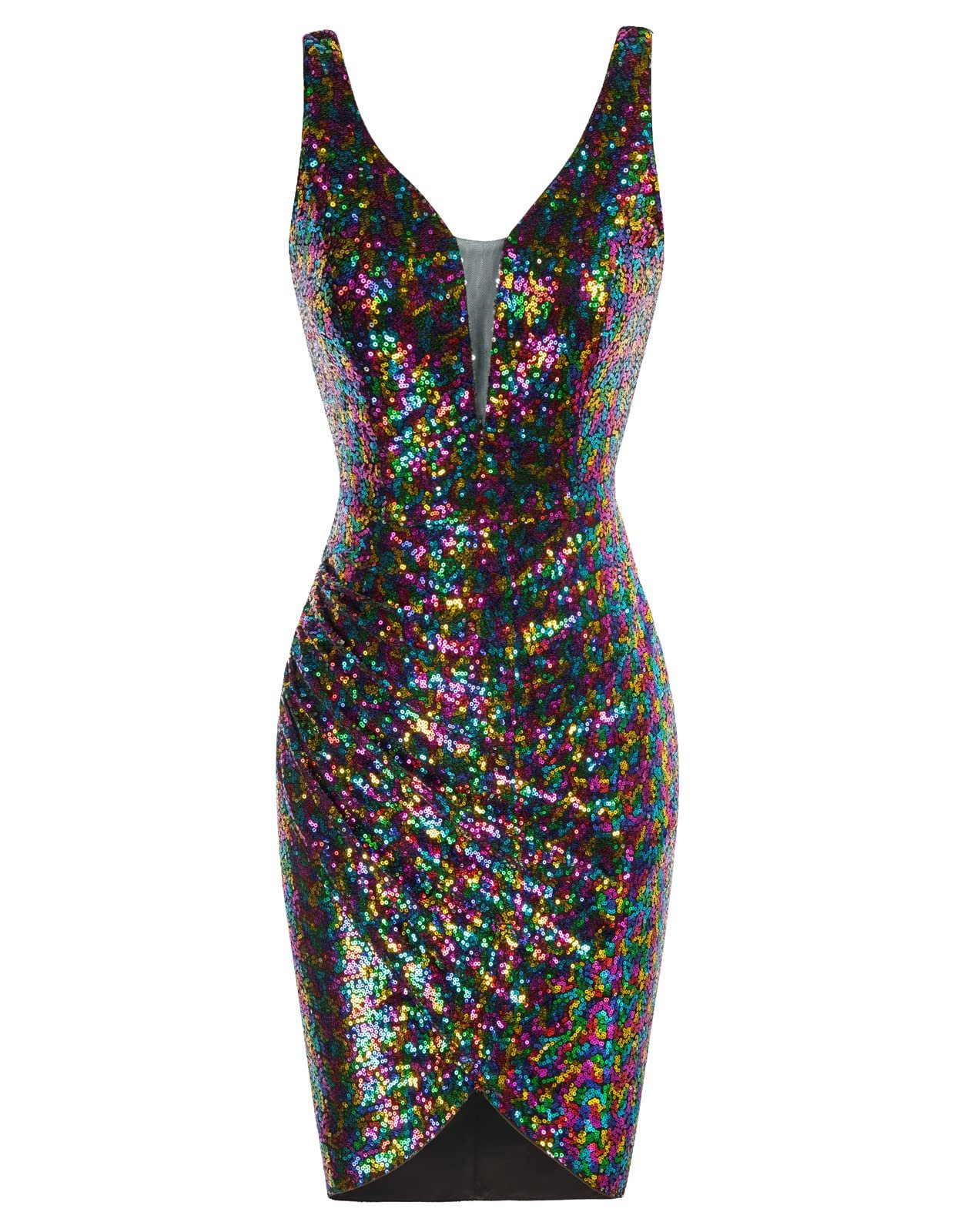 GRACE KARIN Women Deep V Neck Party Mini Dress U Back Sequin Irregular Hem Evening Dress